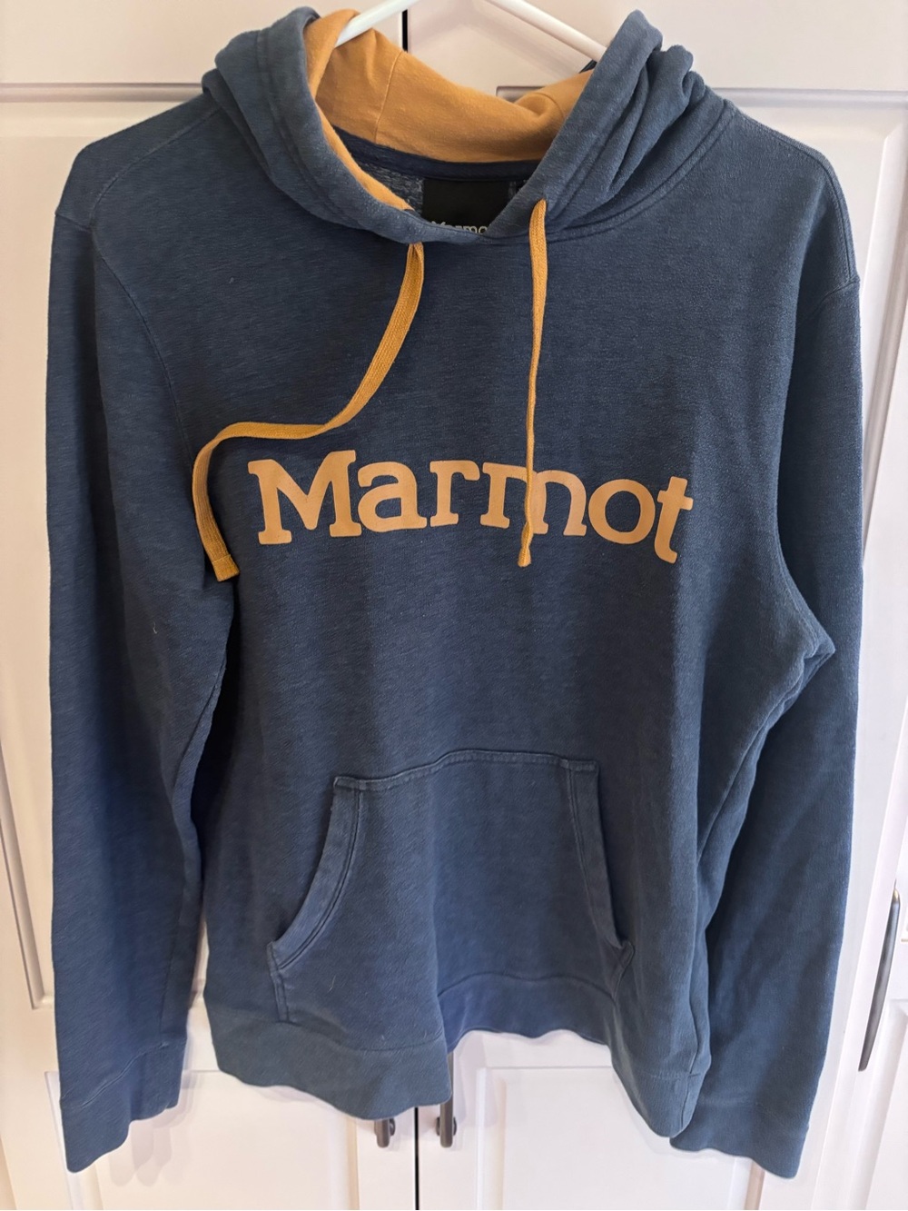 Marmot Men's Blue Hoodie with Yellow Accents medium